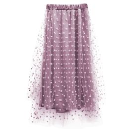 Purple Black Dot A Line Mesh Velvet Midi Skirt Empire Elastic Waist Summer Casual S0139 210514