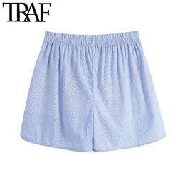 TRAF Women Fashion Side Pockets Striped Bermuda Shorts Vintage High Elastic Waist Split Hem Female Short Pants Mujer 210415