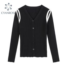 Hollow Out Design Knitted Blouses Women's Cardigan Long Sleeve Slim Korean Rib Knitwear Shirts Female V Neck 3 Colors Knit Tops 210515