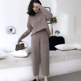 Knitted 2 Piece Set Tracksuits Women Autumn Winter Thick Warm O-neck Loose Sweater Pullover + Slim Pants Two 210514