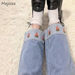 Jeans Women Strawberry Embroidery Kawaii Pockets Ankle-length Elastic Waist Girls Denim Simple All-match Korean Style Student H0908
