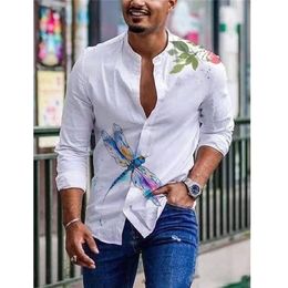 Men Shirts Spring Summer Vintage Printed Long-sleeved Thin Button Imitation Linen Loose Shirt For Large Size Casual Clothes 220309