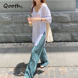 Qooth Pleated Plaid Wide-Leg Drape Pants Women's Loose Straight Casual High-Waist Trousers Summer Thin All Match Shirt QT656 210518