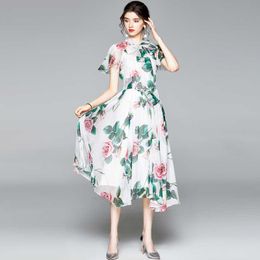 Summer High quality dresses for women bow tie collar short sleeve vintage Rose Floral Print Midi Runway dress femme 210529