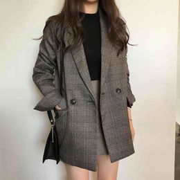 Spring Plaid Blazers and Jackets Work Business Office Lady Long Sleeve Turn Down Collar Suit Double-Breasted Outwear 210416