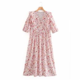 Summer Women Vintage Dress Half Sleeve Floral Print Ruffles V-Neck es Female Elegant Street Clothes vestidos 210513