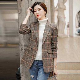 Fashion Autumn Women Plaid Blazer Jackets Work Office Ladies Suit Vintage Single Button Pockets BusinFemale Blazer Coat X0721