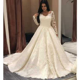 Lace A Line Wedding Dresses Long Sleeve White Ivory Sweep Train Bridal Ball Gown