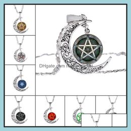 Pendant Necklaces & Pendants Jewelry Five-Pointed Star Hollow Moon Cabochons Glass Moonstone Pentagram Necklace For Women&Men Witchcraft Dro