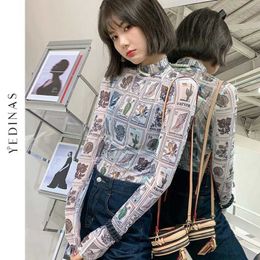 Yedinas Vintage Postage Stamp Print Mesh T Shirts Long Sleeve Korean Style Women Turtleneck See Through Fashion Designer Tee Top 210527