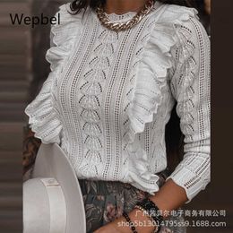 WEPBEL Beige Lace Sweater Women Long Sleeve O-neck Jumpers Solid Colour Pullovers Ruffle Fashion Female Casual Sweaters X0721