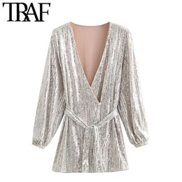 TRAF Women Chic Fashion With Belt Shiny Sequin Wrap Mini Dress Vintage Deep V Neck Long Sleeve Female Dresses Vestidos 210415
