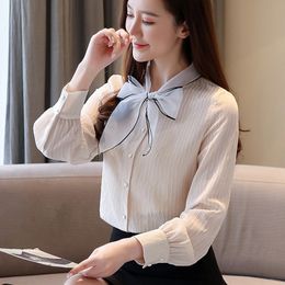 Korean Women Blouse shirts chiffon blouses Woman Long Sleeve woman Striped blouse ladies Bow tie tops plus size XXL 210427