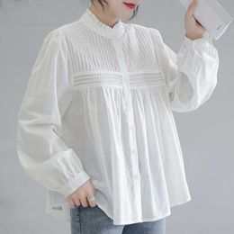 Solid Stand Pleated Pit Striped White Shirt Female Full Autumn Winter Loose Cotton Bottom Women Blouses 210615