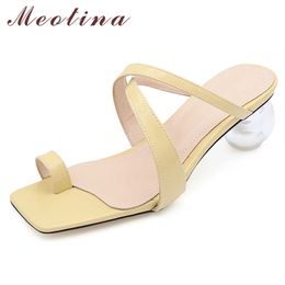 Meotina Real Leather Mid Heel Women Slippers Flip Flops Slides Square Toe Crystal Strange Style Lady Shoes Summer Sandals Beige 210608