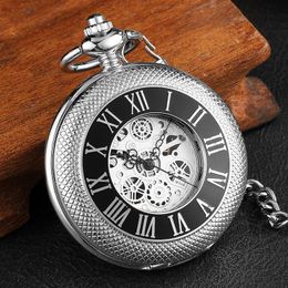vintage gift set Australia - Pocket Watches Silver Engraved Hand Wind Mechanical Watch For Men Women Vintage Steampunk Fob Skeleton Male Fshion Clock Gifts Set