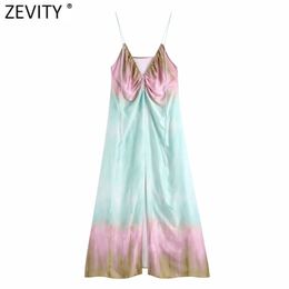 Zevity Women Sexy Pleated Deep V Neck Colour Tie Dyed Print Inner Style Sling Dress Female Chic Front Split Summer Vestido DS8145 210331