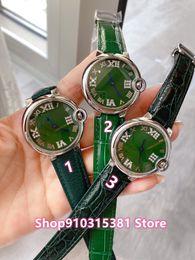 Fashion Women Silver Roman Number Diamond Watch Stainless Steel Sport Quartz Wristwatch Green Leather Clock AAA+ 36mm