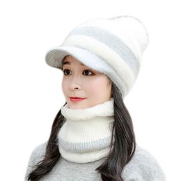 Autumn Winter Women's Hat Scarf Masks Sets Fashion Ladies Knitted Pompom Beanie Thicken Rabbit Wool Warm Windproof Women Cap Set 211119
