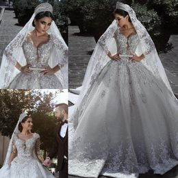 Glamorous Ball Gown Wedding Dresses 2023 Beads Long Sleeve Lace Appliques Bridal Gowns Arabic Muslim Robe De Mariage Custom Made