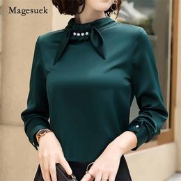 Autumn Fashion Long Sleeve Bow Beading Woman Blouse Solid Chiffon Ladies Shirt Plus Size Casual Ropa De Mujer 1605 210518