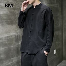 Linen Shirts Men Clothing Chinese Style Long Sleeve Retro Buttoned Shirt Solid Color Stand-up Collar Loose Plus Size Tops 220309