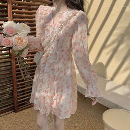 Casual Dresses Mori Girl Style Floral Ruffle Chiffon Dress Woman Spring Autumn 2021 Kawaii Elegant Bandage Long Sleeve Robe