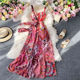 Neploe Bohemian Vacation Style Backless Camisole Dress Summer Fashion Sashes Slim Wasit Print Big Swing Women Dresses 82205 210423