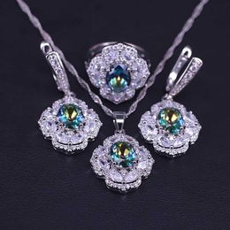 Many Colours Zircons & Crystal Silver Colour Costume Jewellery Sets For Women Earrings Ring Necklace Set With Pendant Bridal Jewellery H1022