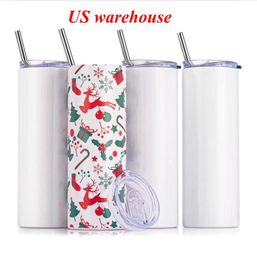 20 Unzen leere weiße Sublimation gerade Becher Slim Tasse Edelstahl Doppelwandvakuum mit Deckelmetallstrohhalmen