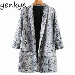 Vintage Snake Print Women Blazer Roll-up Long Sleeve V Neck Work Wear Office Blazers Fashion Suits casaco feminino Plus Size 210514