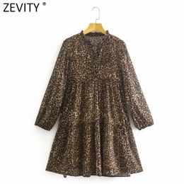 Women Vintage Lace Up O Neck Leopard Print Chiffon Mini Shirt Dress Female Chic Pleat Ruffles Casual Party Vestido DS8151 210416