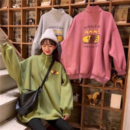 Hoodies Autumn Clothing Cec Sweatshirt Women's Korean Loose Bf Lazy Style Printing Plus Velvet Thick Stand-up Collar Top 210526