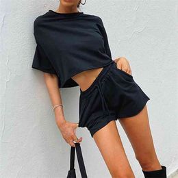OMSJ 2PCS/Set Women Solid Color Fashion Casual Tracksuit For Female Round Neck Crop Top Drawstring Shorts Cool Suits Black 210517