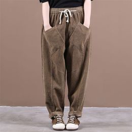 Autumn Arts Style Women Elastic Waist Loose Pants Big Pocket Cotton Corduroy Casual Harem Femme Trousers M595 210512