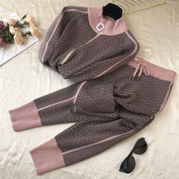 Autumn Winter Knitted Tracksuit Turtlneck Zip Up Jacket Sweater Coat+Pencil Female Clothing 2 Piece Set Knit Pant Suit 210416
