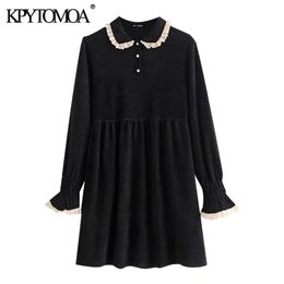 Women Chic Fashion With Lace Trim Ruffled Chenille Mini Dress Long Sleeve Buttons Female Dresses Mujer 210420