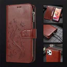 Wallet Phone Cases for iPhone 13 12 11 Pro Max X XS XR 7 8 Plus Butterfly Embossing PU Leather Flip Kickstand Cover Case with Zipper Coin Purse and 5 Card Slots