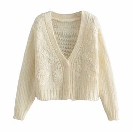 Women Sweet Loose Girlish Style Knitting Flowers Sweater Female Single-Breasted Long Sleeves Cardigan Chic Top 210520