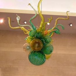 Art Deco Lamp Hand Blown Glass Chandelier Lighting Fixture Chihuly Style Modern Led Home Hotel Decor Energy Saving Small Size Green Amber Colour 16 by 20 Inches