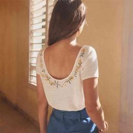 Jastie Short-sleeved Linen T-shirt Floral embroidery Back Chic Women Top Round Neck Pullovers Casual Tee Shirt Blusa 210623
