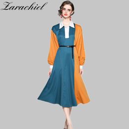 Vintage Colour Block Patchwork Long Dress Women Office Full Sleeve Turn Down Collar Casual Loose Shirt Dresses With Belt 210416