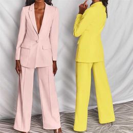 Classic One-breasted Buttons Nine Blazer Pants Set Two Piece Formal Suits Office Ladies women's pantsuit Red Pink Business 211126