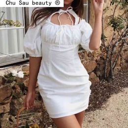 Fashion Summer French Style Cotton Casual Chic White Mini Dress Women Party Evening Puff Sleeve Dresses Female 210514