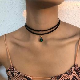 Chains Women Jewellery Pink Green Glass Pendant Necklace Pretty Design Two Layer Velvet Cord Choker For Party Gifts