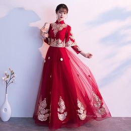 -Cinese stile tradizionale Borgogna filato vintage abito da sera banchetto elegante nobile prom-dress da sposa abiti da sposa abbigliamento etnico
