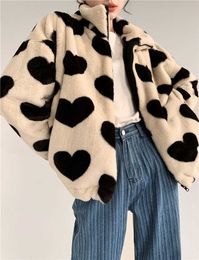 CHEERART Beige Faux Fur Coat Women Heart Print Sherpa Kawaii Fleece Jacket Cute Winter Outerwear Korean Fashion Clothing Y0829