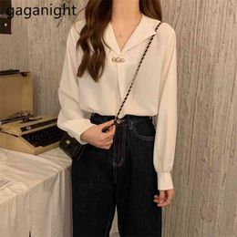 Elegant Blouse Women Fall Loose Solid Notched Pullovers Beading Chiffon Shirts Office Lady Korean Tops Blusas 210601