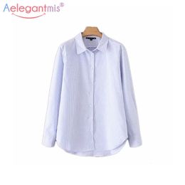 Aelegantmis Elegant Women Office Long Blouse Spring Summer Sleeve Striped Blouses Ladies Turn-down Collar Casual Shirt Tops 210607