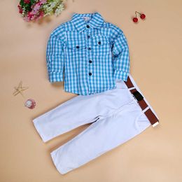 2020 New Fashion boys clothing set Children loose-fitting cotton plaid shirt+ pants+ belt 3 pcs minion Kids clothes set X0802